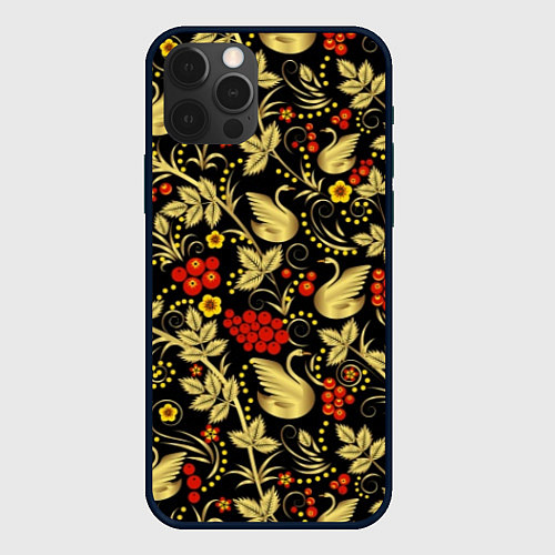 Чехол iPhone 12 Pro Хохлома золотые лебеди / 3D-Черный – фото 1