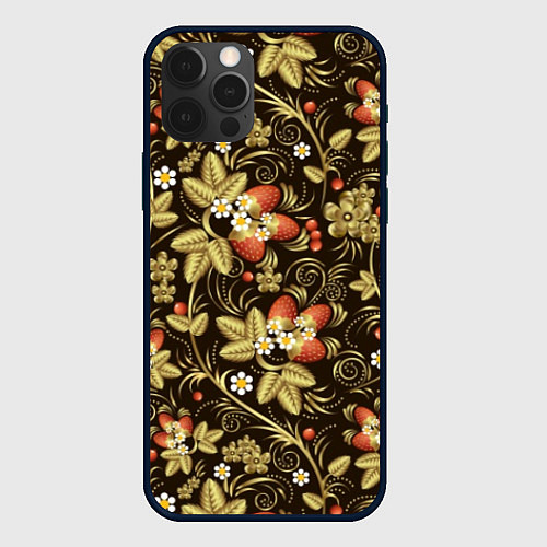 Чехол iPhone 12 Pro Хохлома роспись клубника / 3D-Черный – фото 1