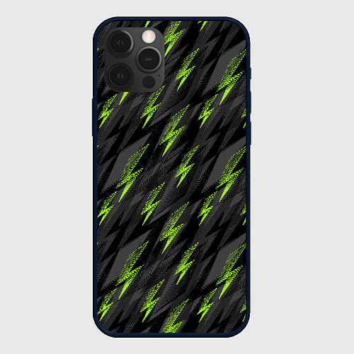 Чехол iPhone 12 Pro Зеленые молнии паттерн / 3D-Черный – фото 1