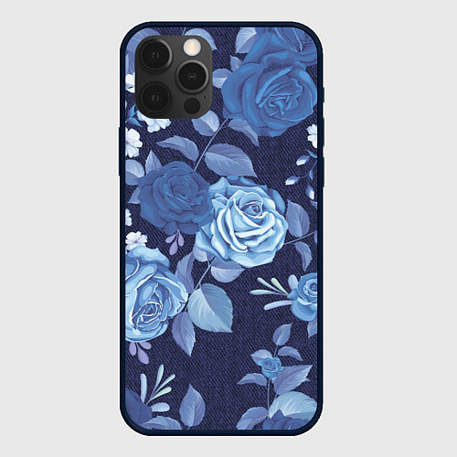 Чехол iPhone 12 Pro Джинса Розы паттерн / 3D-Черный – фото 1