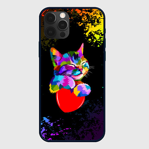 Чехол iPhone 12 Pro РАДУЖНЫЙ КОТИК RAINBOW KITTY / 3D-Черный – фото 1