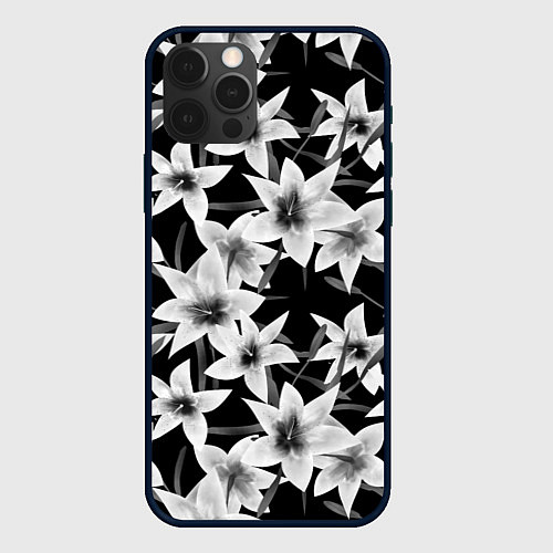 Чехол iPhone 12 Pro Лилии черно-белые / 3D-Черный – фото 1