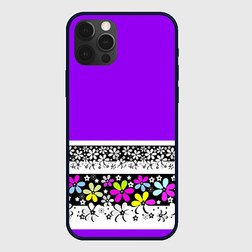 Чехол iPhone 12 Pro Яркий фиолетовый цветочный / 3D-Черный – фото 1