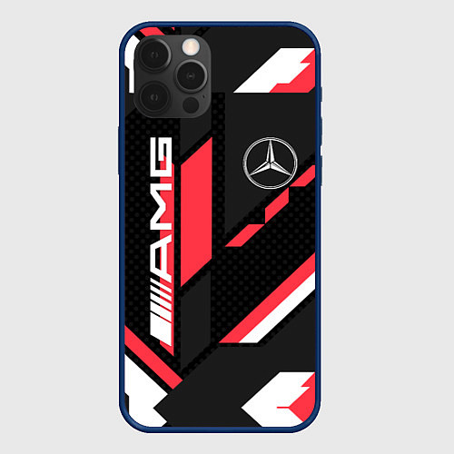 Чехол iPhone 12 Pro MERCEDES-BENZ AMG GEOMETRY STRIPES RED / 3D-Тёмно-синий – фото 1