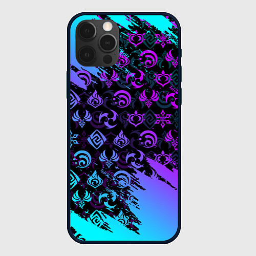 Чехол iPhone 12 Pro GENSHIN NEON PATTERN SYMBOL НЕОН ЭМБЛЕМЫ / 3D-Черный – фото 1