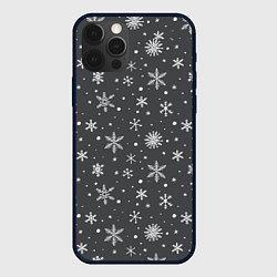 Чехол для iPhone 12 Pro Белые снежинки на сером фоне, цвет: 3D-черный
