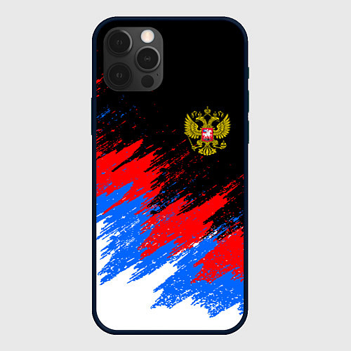Чехол iPhone 12 Pro РОССИЯ, БРЫЗГИ КРАСОК, ТРИКОЛОР / 3D-Черный – фото 1