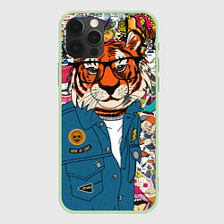 Чехол для iPhone 12 Pro Стикербомбинг с тигром, цвет: 3D-салатовый