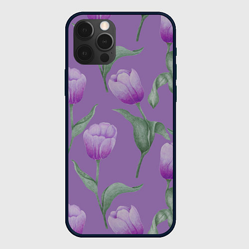 Чехол iPhone 12 Pro Фиолетовые тюльпаны с зелеными листьями / 3D-Черный – фото 1