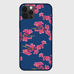 Чехол iPhone 12 Pro Веточки айвы с розовыми цветами на синем фоне
