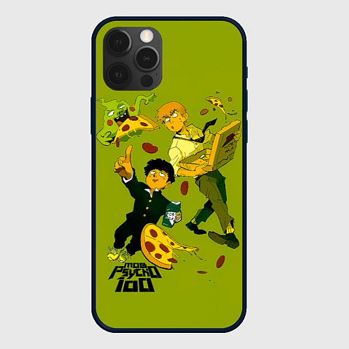 Чехол iPhone 12 Pro Шигео, Ямочки и Рэйгэн налет на пиццу - Mob Psycho / 3D-Черный – фото 1