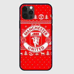 Чехол для iPhone 12 Pro FC Manchester United: Новогодний узор, цвет: 3D-черный