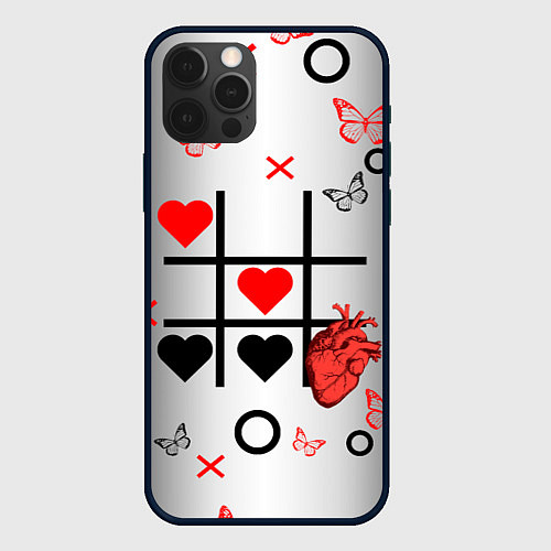 Чехол iPhone 12 Pro Крестики нолики сердцами / 3D-Черный – фото 1
