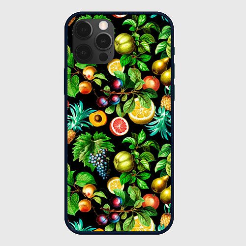 Чехол iPhone 12 Pro Сочные фрукты - персик, груша, слива, ананас / 3D-Черный – фото 1
