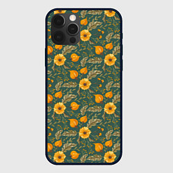 Чехол для iPhone 12 Pro Желтые цветочки и листья, цвет: 3D-черный