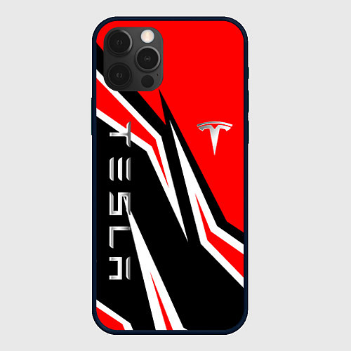 Чехол iPhone 12 Pro ТЕСЛА - КРАСНЫЙ СПОРТИВНЫЙ / 3D-Черный – фото 1