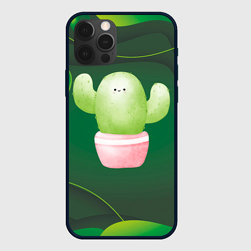Чехол iPhone 12 Pro Зеленый милый кактус / 3D-Черный – фото 1