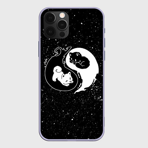 Чехол iPhone 12 Pro Инь Янь - котенок и щенок / 3D-Светло-сиреневый – фото 1