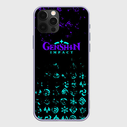 Чехол iPhone 12 Pro GENSHIN NEON PATTERN SYMBOL НЕОН ЭМБЛЕМЫ / 3D-Светло-сиреневый – фото 1