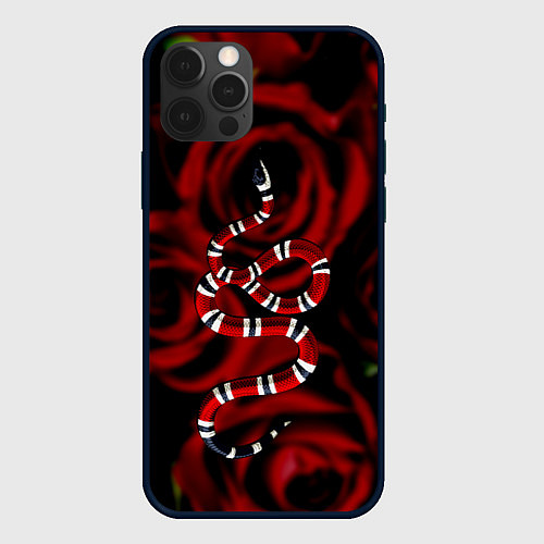 Чехол iPhone 12 Pro Змея в Цветах Розы Snake Rose / 3D-Черный – фото 1