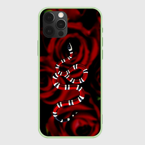 Чехол iPhone 12 Pro Змея в Цветах Розы Snake Rose / 3D-Салатовый – фото 1