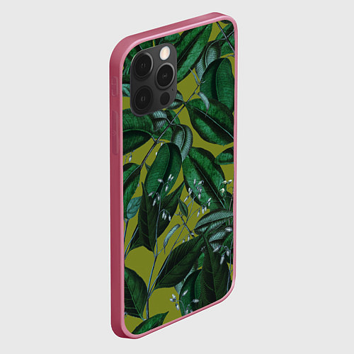 Чехол iPhone 12 Pro Цветы Тёмная Листва / 3D-Малиновый – фото 2