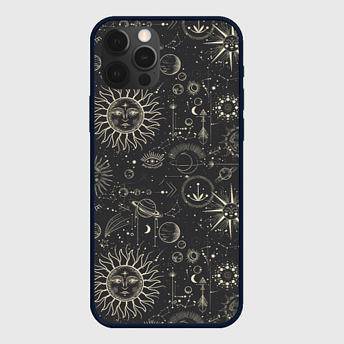 Чехол iPhone 12 Pro Небесные тела, созвездия, солнце, космос, мистика / 3D-Черный – фото 1