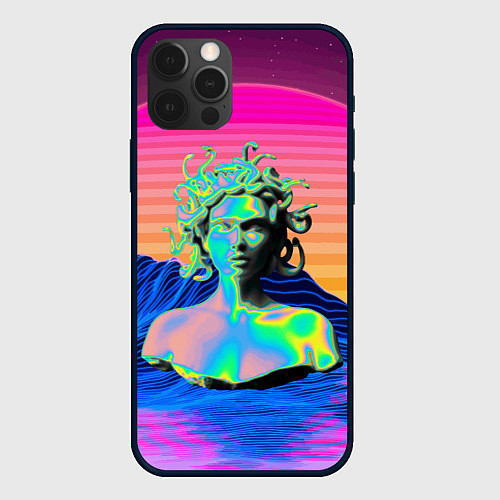 Чехол iPhone 12 Pro Gorgon Medusa Vaporwave Neon Mountains / 3D-Черный – фото 1