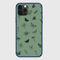 Чехол для iPhone 12 Pro Цветочки и бабочки на зеленом фоне, цвет: 3D-тёмно-синий