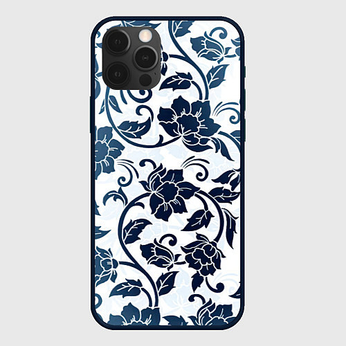 Чехол iPhone 12 Pro Гжелевые цветы / 3D-Черный – фото 1