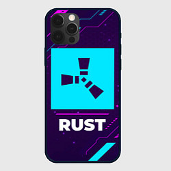 Чехол iPhone 12 Pro Символ Rust в неоновых цветах на темном фоне