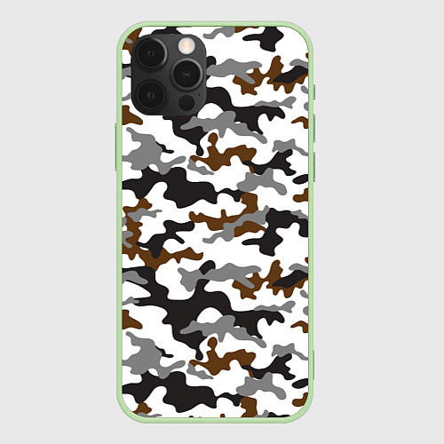 Чехол iPhone 12 Pro Камуфляж Чёрно-Белый Camouflage Black-White / 3D-Салатовый – фото 1