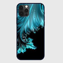 Чехол iPhone 12 Pro Черный с голубым неоновый фрактал Ледяная абстракц