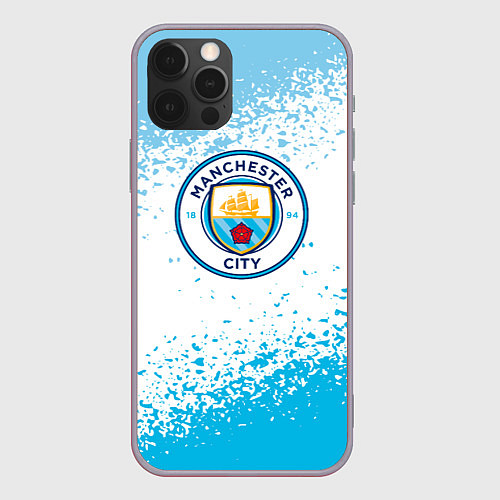 Чехол iPhone 12 Pro Manchester голубые брызги на белом фоне / 3D-Серый – фото 1