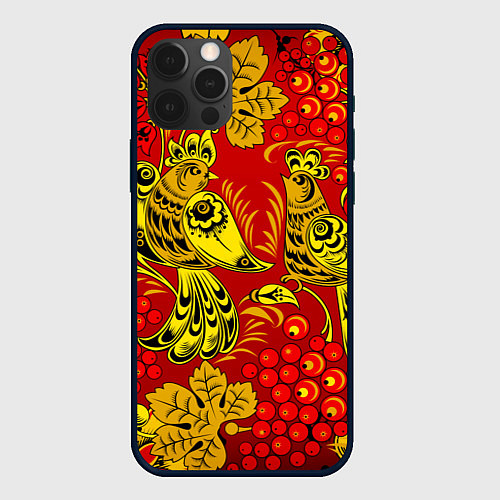 Чехол iPhone 12 Pro Хохломская Роспись Две Птици На Красном Фоне / 3D-Черный – фото 1