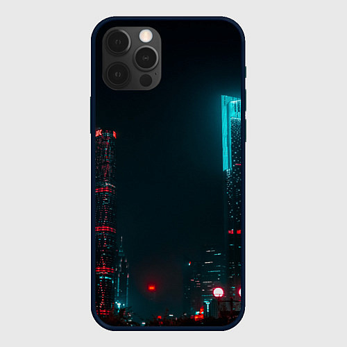 Чехол iPhone 12 Pro Неоновые высотки в городе - Светло-синий / 3D-Черный – фото 1