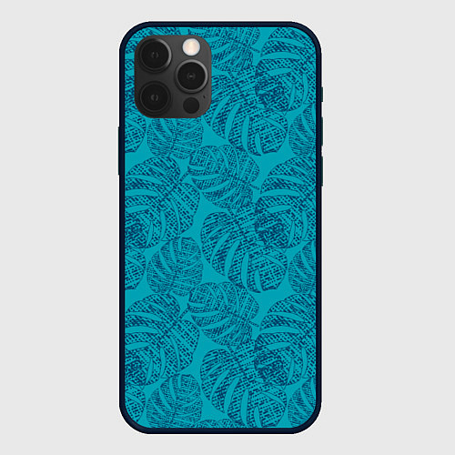 Чехол iPhone 12 Pro Синие листья монстеры на голубом / 3D-Черный – фото 1