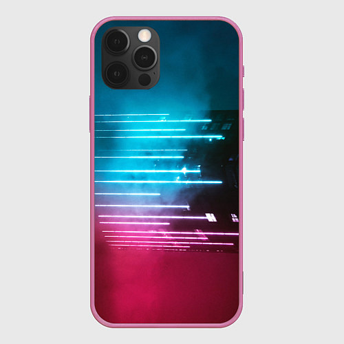 Чехол iPhone 12 Pro Неоновые лучи из парящего здания - Голубой / 3D-Малиновый – фото 1