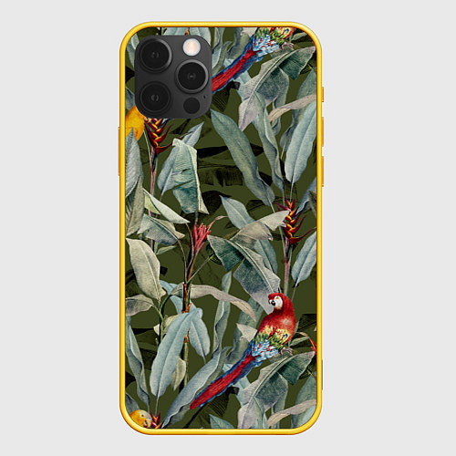Чехол iPhone 12 Pro Попугаи и Цветы Зелёные Джунгли / 3D-Желтый – фото 1