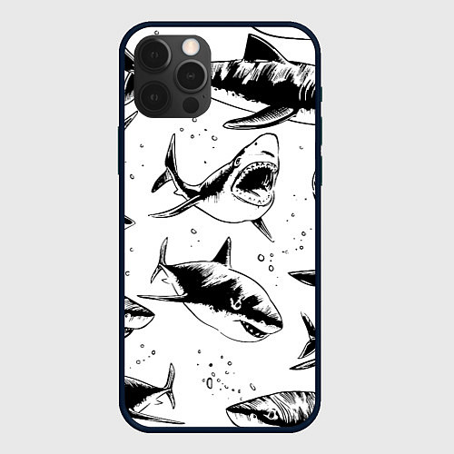 Чехол iPhone 12 Pro Кровожадные акулы - стая / 3D-Черный – фото 1