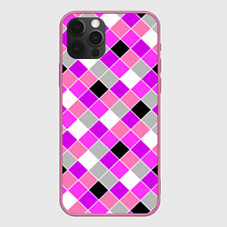 Чехол для iPhone 12 Pro Розовый черный узор в клетку, цвет: 3D-малиновый