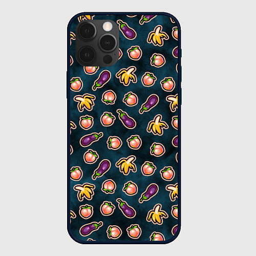 Чехол iPhone 12 Pro Баклажаны персики бананы паттерн / 3D-Черный – фото 1