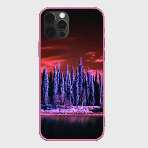 Чехол iPhone 12 Pro Абстрактный фиолетовый лес и тёмная река / 3D-Малиновый – фото 1