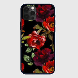 Чехол для iPhone 12 Pro Цветы Нарисованные Розы На Чёрном Фоне, цвет: 3D-черный