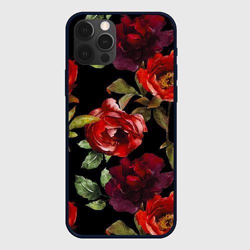 Чехол iPhone 12 Pro Цветы Нарисованные Розы На Чёрном Фоне / 3D-Черный – фото 1