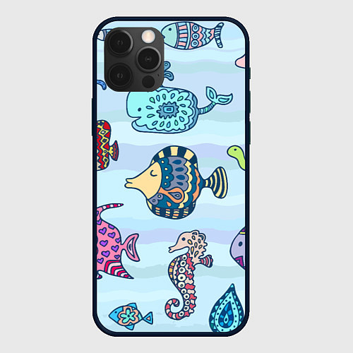 Чехол iPhone 12 Pro Кит, черепаха, акула и другие обитатели океана / 3D-Черный – фото 1