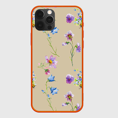Чехол iPhone 12 Pro Нарисованные Цветы Колокольчики и Пчёлы / 3D-Красный – фото 1