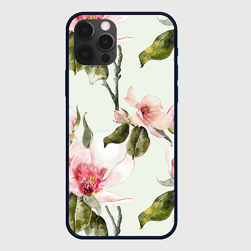 Чехол iPhone 12 Pro Цветы Нарисованные Магнолии / 3D-Черный – фото 1