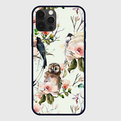 Чехол для iPhone 12 Pro Цветы Нарисованные Магнолии и Птицы, цвет: 3D-черный