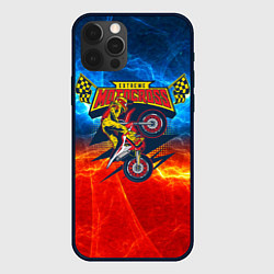 Чехол iPhone 12 Pro Extreme motocross: мотоциклист на фоне огня